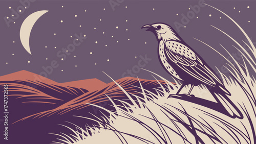 Night bird perched in tall grass under crescent moon and starry sky stylized illustration vector art nature wildlife nocturnal scene.