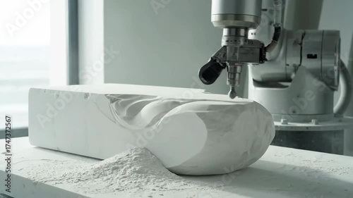 Robotic Arm Precision Milling a Block of White Material.