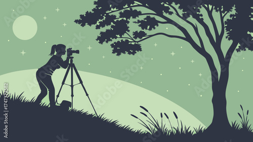 Night Photography Silhouette Woman with Camera on Tripod Under Starry Sky and Tree.
