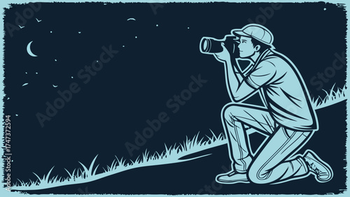 Night Photography Person Kneeling Taking Photo with Camera Stars Moon Night Scene Vector Illustration.
