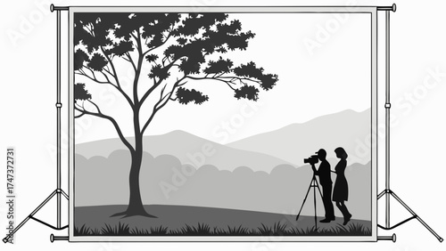 Silhouette of Couple Photographing Landscape on Backdrop Stand Nature Photography Scene for Photo or Video Editing.