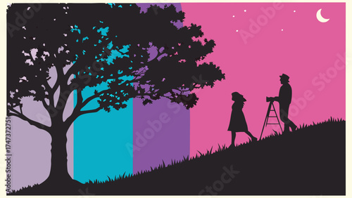 Silhouette of Couple with Camera at Night Underneath a Tree on Hillside.