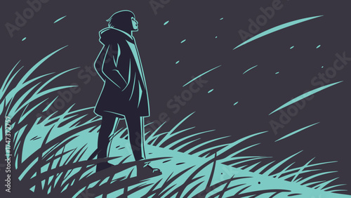 Person standing in tall grass at night stylized illustration vector art graphic design.