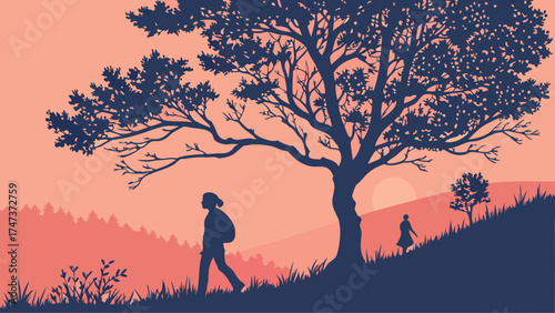 Silhouette of hikers walking on a scenic path at sunset nature landscape illustration.
