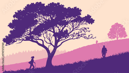 Silhouette of Hikers on a Hill with Trees at Sunset Nature Illustration Walking Couple Peaceful Landscape.