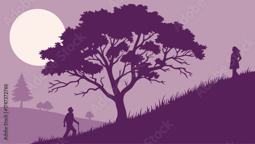 Silhouette of people in a landscape with a large tree and moon at dusk.