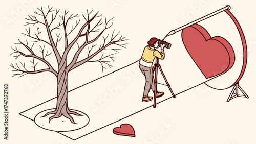 Photographer capturing a heart-shaped object with a camera on a tripod near a bare tree illustration.