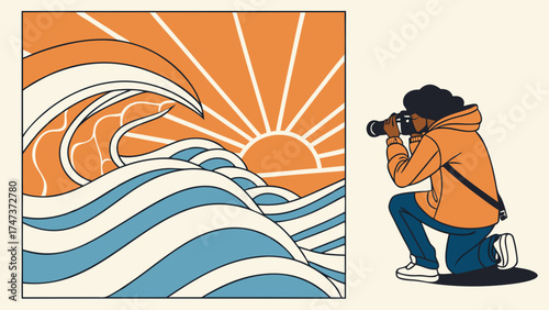 Photographer Capturing Ocean Waves Sunset Art Print Graphic Design Artistic Illustration Creative Visual Modern Design Trendy Aesthetic.