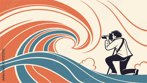 Photographer Kneeling Capturing Abstract Wave Design Artistic Illustration Vintage Style.