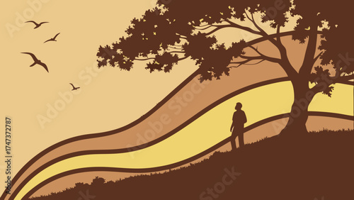 Silhouette of Person Standing Under a Tree with Birds in Flight Abstract Nature Illustration.
