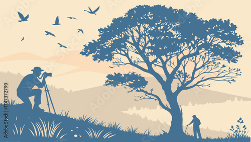 Silhouette of Photographer and Hiker in Scenic Landscape with Birds and Tree.