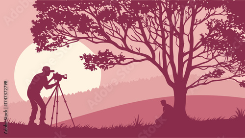 Silhouette of Photographer Capturing a Person Sitting Under a Tree at Sunset.