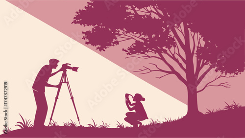 Silhouette of Photographers in Nature Artistic Illustration of Photography Hobby Outdoor Scene.