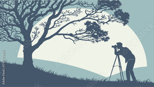 Photographer taking a photo of a landscape with a tree silhouette style illustration.