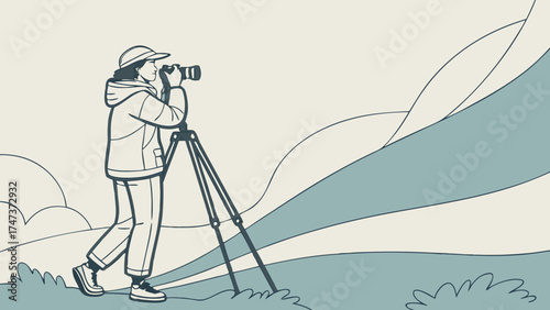 Photographer taking a picture with a tripod nature landscape illustration outdoor photography concept.