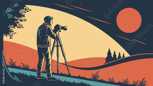 Photographer taking landscape photo at sunset scenic view nature photography camera on tripod artistic illustration vector graphic travel photography outdoor adventure digital art pictur.