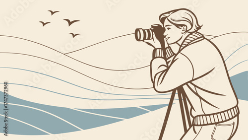 Photographer taking landscape photos with a camera on a tripod birds flying in the sky minimalist illustration.