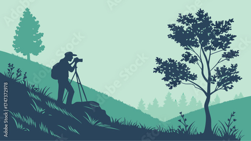 Photographer taking landscape photo in nature with tripod.