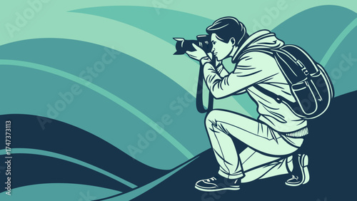 Photographer taking pictures in nature landscape photography travel adventure illustration artistic stylized scenic view outdoor hobby artistic design graphic design vector art digita.