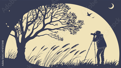 Photographer taking pictures of nature at night silhouette moon tree grass wildlife photography landscape photography.