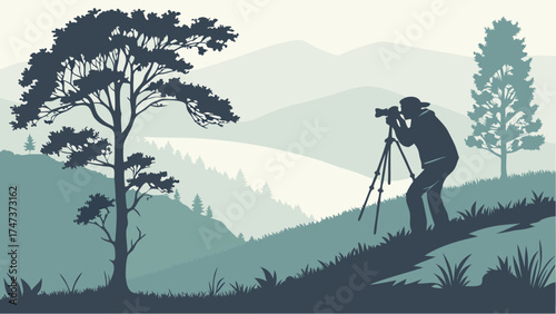 Photographer taking pictures of a mountain landscape with a tripod.