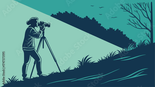 Photographer using a tripod in nature taking pictures of landscape and birds.