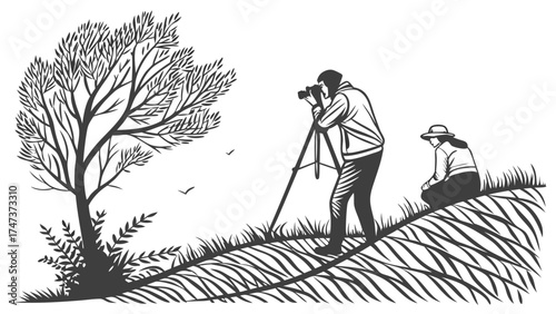 Photography Outdoor Scene Nature Illustration Black and White Couple Hillside Tree Camera Tripod Artistic Sketch Drawing Graphic Design Vector Art Silhouette Hobby Leisure Travel.