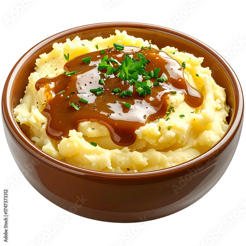Mashed Potatoes with Gravy and Herbs Rustic Bowl