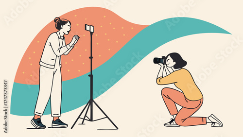 Photoshoot Photographer taking pictures of a model Studio photography Illustration Graphic design Creative concept Fashion photography Portrait photography Art Visual arts Digital art.