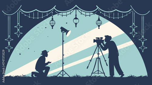 Studio filming silhouette cameraman lighting film production behind the scenes movie set video production movie making filmmaking movie industry video shooting cinematic photography.