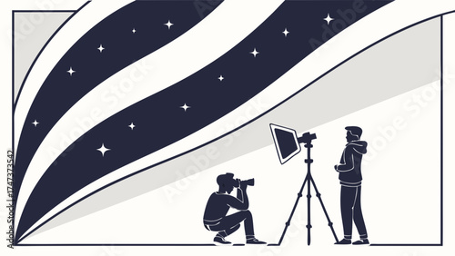 Studio Photographer Shooting a Person with Lighting Equipment Abstract Background Design.