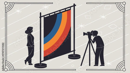 Studio Photography Session Photographer with Camera and Model Posing Behind Backdrop.