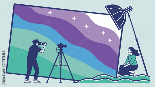 Studio Photography Session Photographer with Camera Model Posing Colorful Backdrop Photo Shoot Illustration.