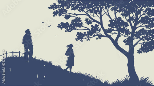 Romantic Couple Silhouette in Nature Peaceful Landscape Illustration Vector Art.
