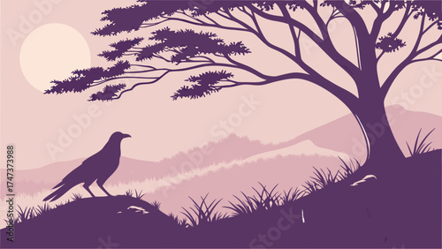 Serene Bird Silhouette in Mountain Landscape at Sunset Artistic Vector Illustration.