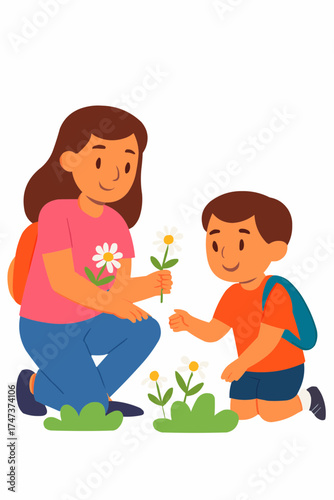Sister Picking Flowers with Sibling Vector