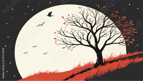 Stylized autumnal landscape with tree birds and moon minimalist nature illustration for design print and web use.