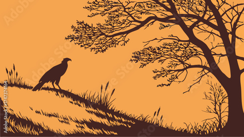 Silhouette of a bird of prey perched on a hill with trees in the background at sunset.