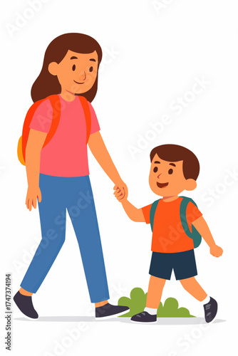 Sister Walking to School with Sibling Vector