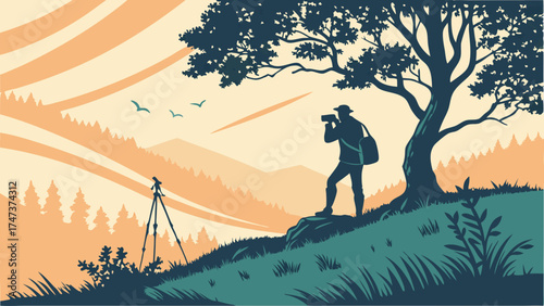 Silhouette of a photographer capturing a scenic mountain landscape with a tripod nearby.