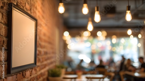 Cozy cafe interior with empty frame and warm lighting