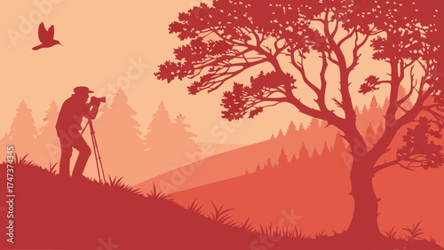 Silhouette of a photographer with a camera on a tripod capturing a scenic landscape view with trees and a bird in flight.