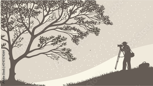 Silhouette of a photographer with camera on tripod under a tree nature photography artistic illustration.