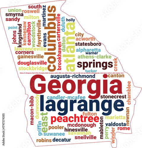 A colorful word cloud outlines the state of Georgia, prominently featuring its many significant cities like Atlanta, Columbus, and Savannah
