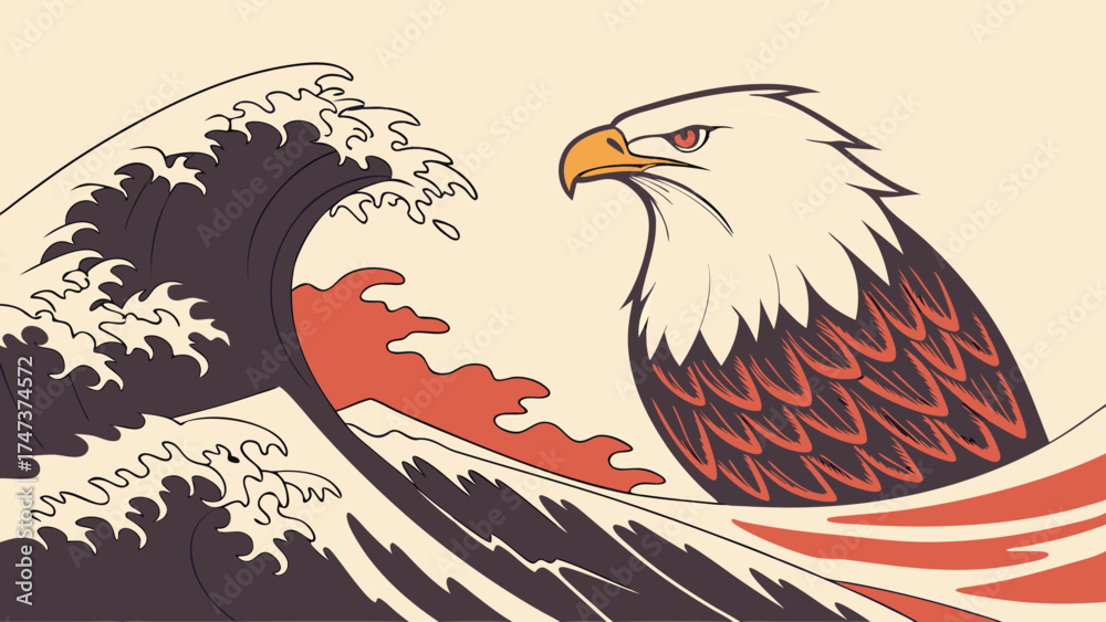 Fototapeta premium Stylized Eagle and Wave Illustration Japanese Art Inspired Design Vector Graphic for Print and Web.