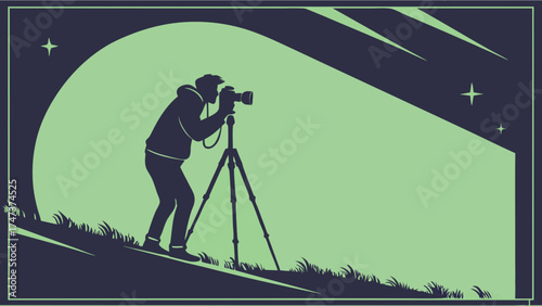 Silhouette of Photographer with Camera on Tripod at Night under a Large Moon and Stars.