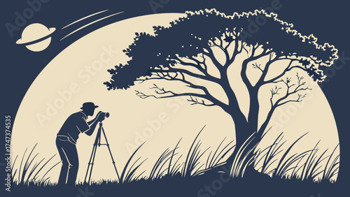 Silhouette of photographer with camera on tripod under a tree at night with a planet in the sky.