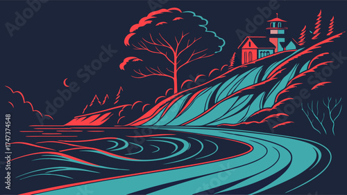 Stylized Coastal Lighthouse Illustration Night Scene Abstract Landscape Graphic Design Ocean Waves Cliffside Tree Silhouette Minimalist Art.