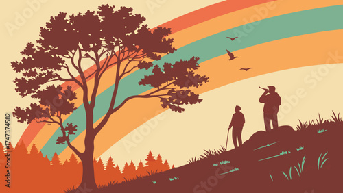 Silhouette of two people enjoying a scenic view with a rainbow and trees perfect for travel or nature themed projects.