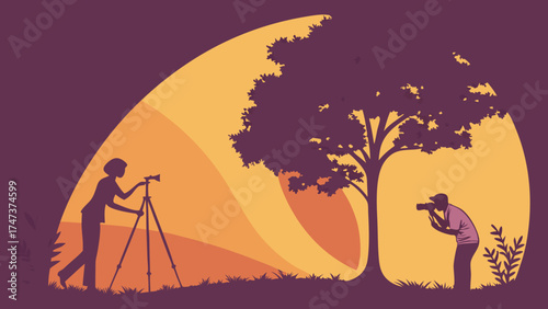 Silhouette of Two Photographers Capturing a Sunset Scene with a Tree.